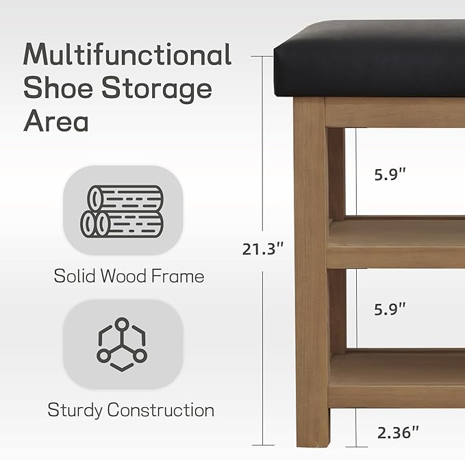 Zihanhome Shoe Rack Bench with Leather Cushion, 2 Tier Solid Wood Storage Bench, Mid-Century Modern Shoe Bench for Entryway, Hallway, Closet, Front Door Entrance, Foyer (Black, 39.4")