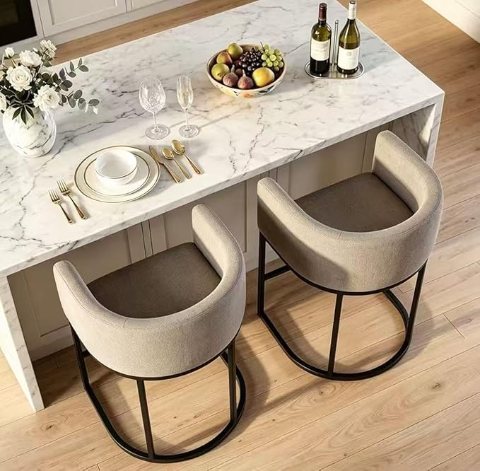 26" H Counter Height Bar Stools Set of 4, Modern Barrel Counter Stools with Backrest and Arms, Linen Fabric Upholstered Accent Barstools for Kitchen Island,Support 450 LBS (Sand)