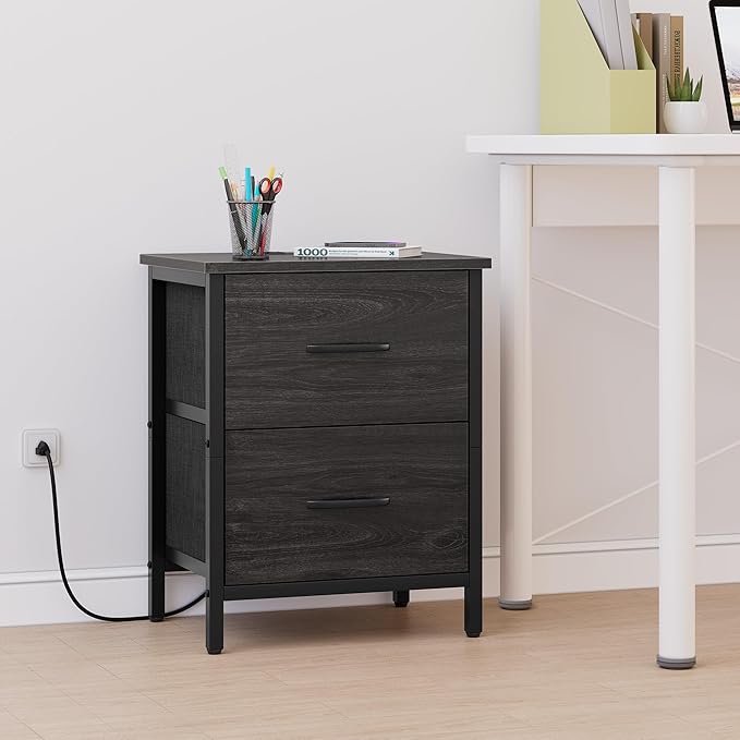 Vagusicc Nightstand Set of 2 with Charging Station, End Table Bedside Table with Power Outlet & USB Ports, Side Table with 2 Fabric Drawers for Bedroom, Living Room, Gray Walnut