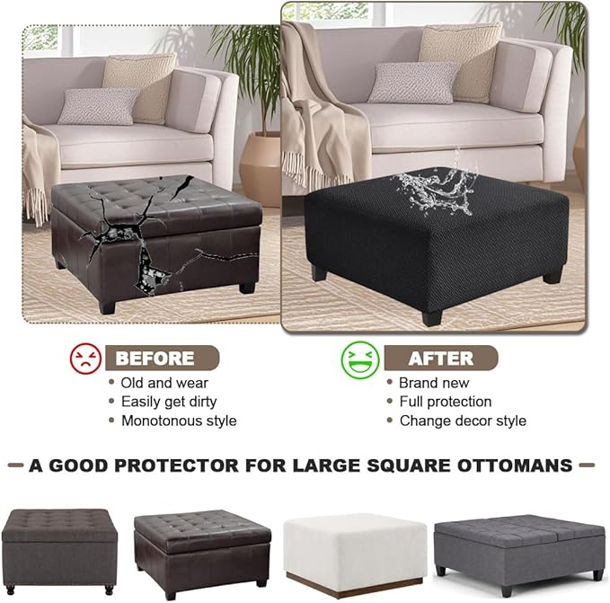 Levoberg Waterproof Square Ottoman Cover Large Square Folding Storage Ottoman Bench Slipcovers Footrest Stool Covers Oversized Ottoman Coffee Table Covers Cube with Elastic Bottom L Black