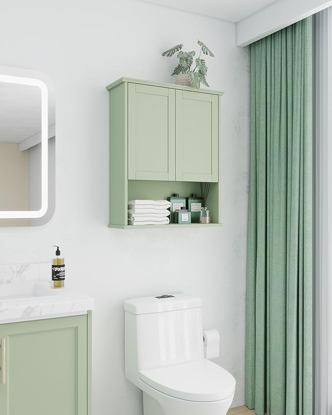 Bathroom Cabinet Wall Mount Buffering Hinge,23"x29" inch Over Toilet Storage Cabinet and Adjustable Shelves, Large Space Wooden Medicine Cabinet (Light Green)