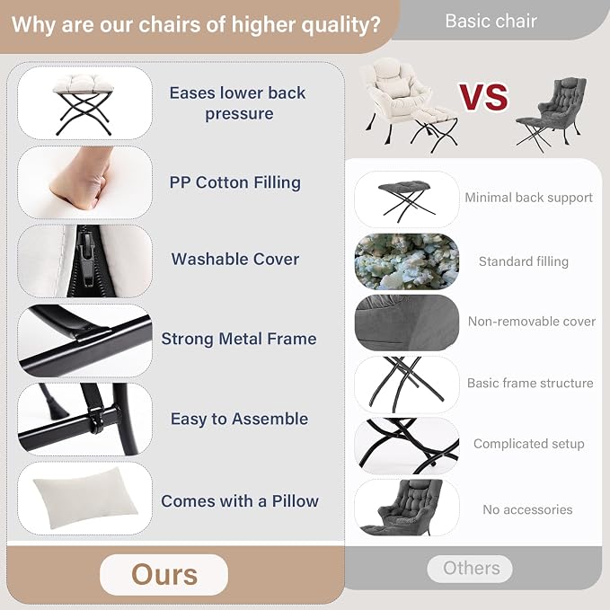 Furlide Lazy Chair with Ottoman, Comfy Fabric Accent Lounge Arm Chair with Lumbar Pillow and Folding Footrest, Reading Leisure Sofa Chair for Bedroom, Living Room, Dorm,Beige