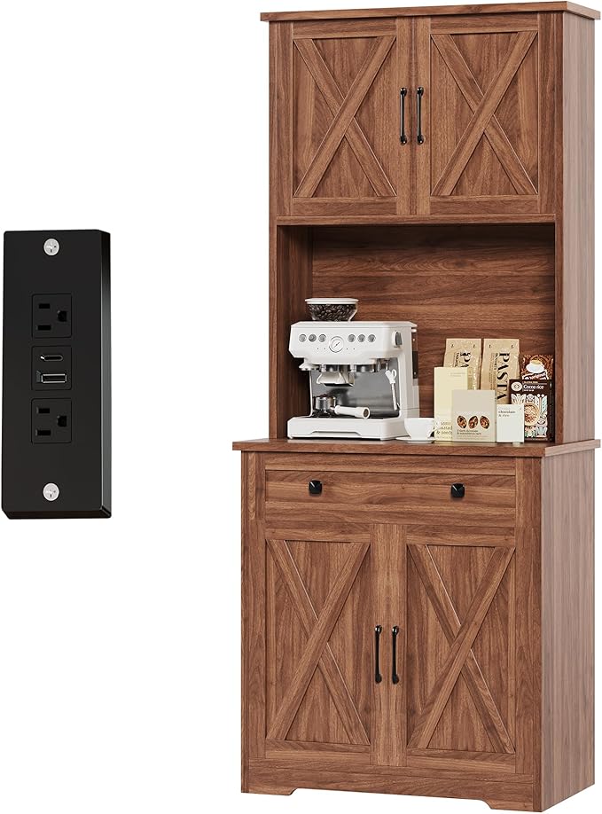 GAOMON 71" Pantry Cabinet with Charging Station, Tall Kitchen Pantry Storage Cabinet with Microwave Stand, Large Farmhouse Kitchen Hutch with Cabinet Doors & Drawer for Living Room, Dining Room