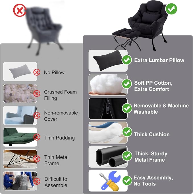 Lazy Chair with Ottoman, Modern Accent Chair with Lumbar Pillow, Black Sofa, Armchairs with Folding Footrest, Oversized Supportive Chairs for Bedroom, Reading