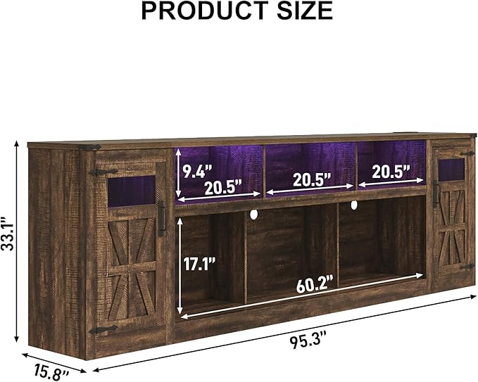 chartustriable Farmhouse TV Stand for 100 Inch TV,95" Entertainment Center w/LED Light,Large Media Console Cabinet w/Rustic Barn Doors,Power Outlets,Adjustable Shelves for Living Room,Brown