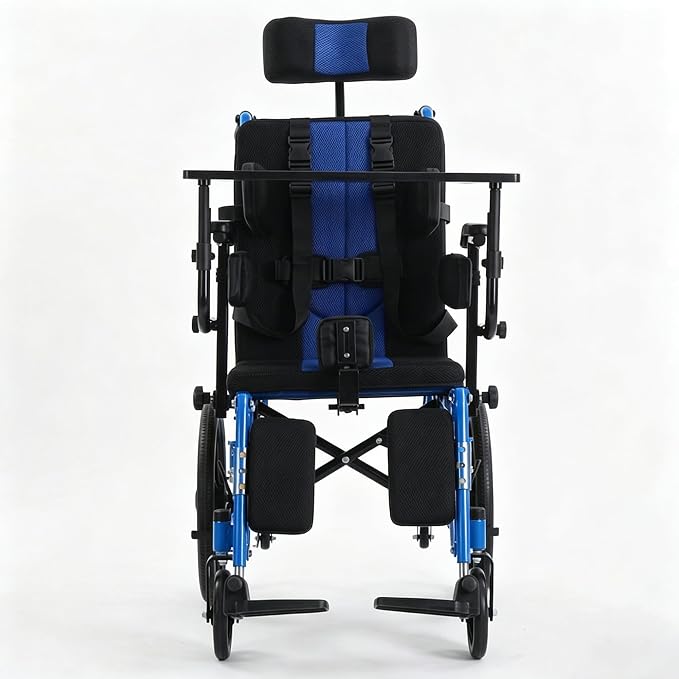 Full Reclining Pediatric Wheelchair – Heavy Duty Folding Kids Wheelchair with Headrest, Meal Tray & Elevating Footrest, Medical Mobility Chair for Home, Travel & Rehabilitation (Blue)