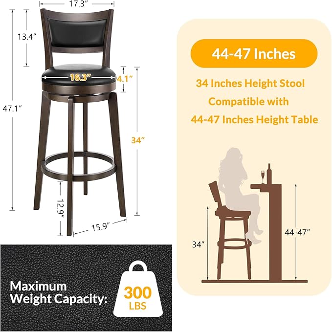 PrimeZone Swivel Bar Stools Set of 2, 34 Inch Extra Tall Bar Height Barstools, Black Faux Leather Bar Stool with High Backrest, Solid Wood Leg, Wrap-Around Footrest, Counter Stools for Pub