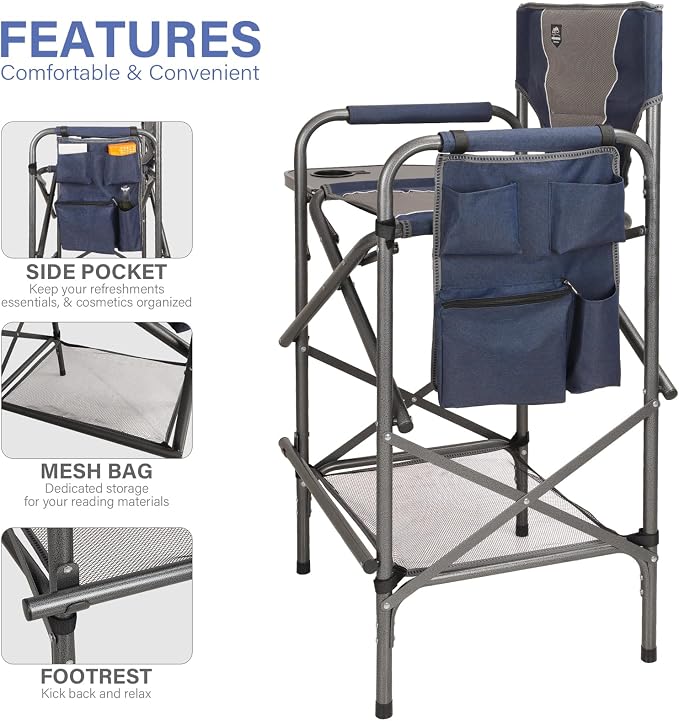 LANMONTAIN Folding Tall Director Chairs,30.7'' Seat High Makeup Solan Chairs,Portable Camping Chair w/Side Table Functional Pocket and Footrest,Comfy Bar Stool Heavy Duty Supports 350 Lbs,Blue
