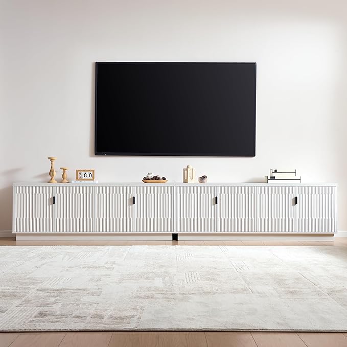 Fatmok 68" TV Stand for 75Inch TV, Entertainment Center with Storage and Adjustable Shelves, Modern Wood Media Console with 4 Fluted Doors for Living Room, White, Set of 2