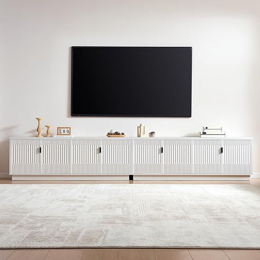 Fatmok 68" TV Stand for 75Inch TV, Entertainment Center with Storage and Adjustable Shelves, Modern Wood Media Console with 4 Fluted Doors for Living Room, White, Set of 2
