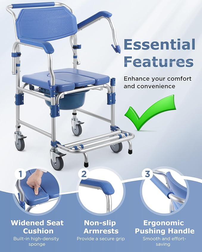 Bedside Commode Wheelchair with Drop Arms & Lockable Casters, Waterproof Aluminum Shower Chair, 330lbs Capacity Portable Toilets, Anti-Tilt Foldable Footrest, Sponge Padded Seat, for Elderly&Mobility