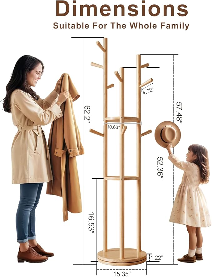 Muwuele Solid Wood Rotary Coat Rack, Freestanding Coat Rack with 3 Shelves and 9 Hooks, Coat tree for Bedroom, Entryway, Livingroom, Coat Hanger Stand for Coats, Scarves, Handbags (Natural)