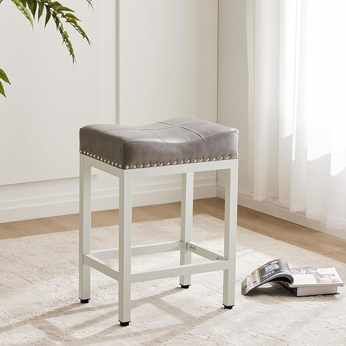 Sweetcrispy 24 inch Bar Stools Set of 6, Upholstered Modern Counter Height Bar Stools for Kitchen Island Modern PU Leather Sadless Stools Chair with Metal Base and Footrest,Grey