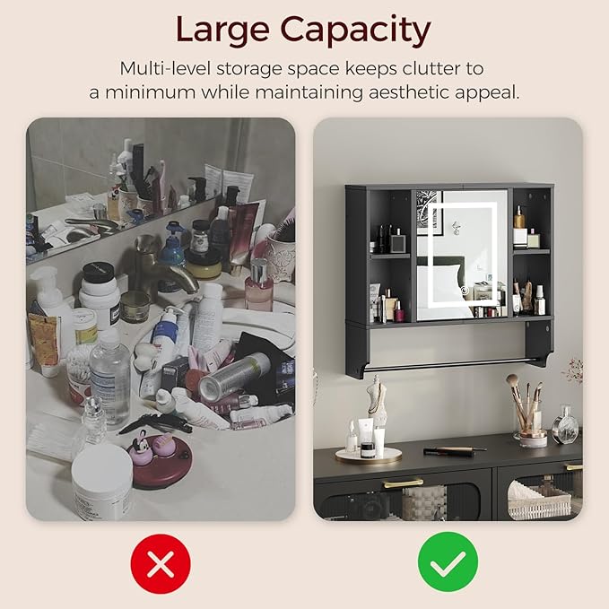 MAHANCRIS Bathroom Wall Cabinet with Mirror, Wall Mounted Medicine Cabinet with Color Adjustment LED Lights, Mirrored Over The Toilet Storage Cabinet with Adjustable Shelves, 23.6''W x 21.6''H, Black