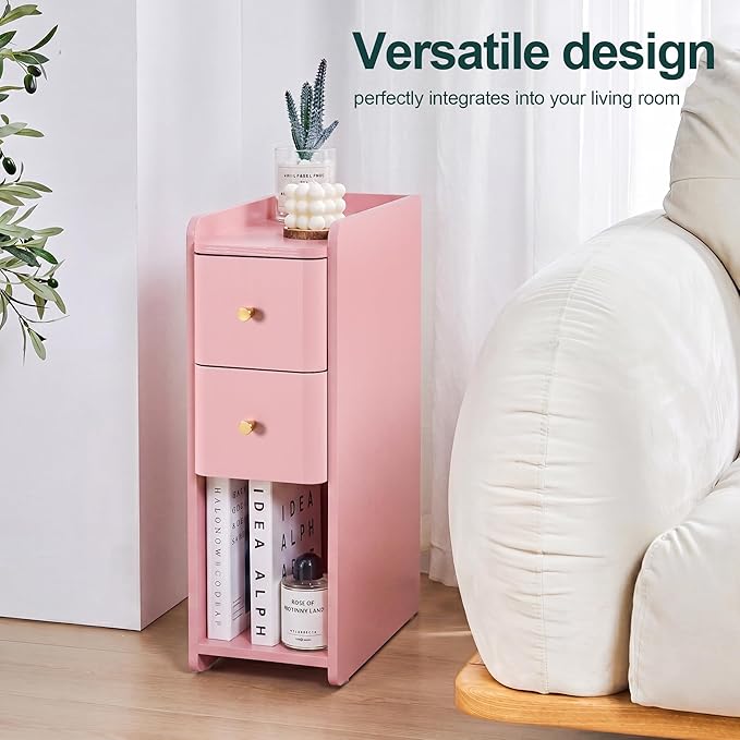 Pink Narrow Nightstand, Wooden Small 2 Drawer Nightstand, Slim Side End Table, Skinny Bedside Table, Mid Century Modern Night Stand with Drawers, for Living Room (Pink-1 pc)