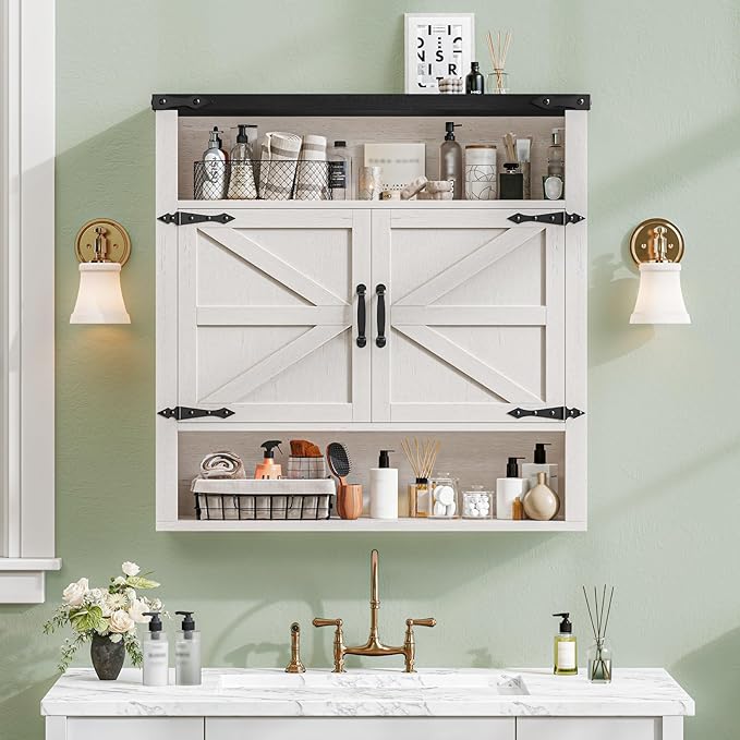 Bathroom Wall Cabinet, Farmhouse Medicine Cabinet with Adjustable Shelves and 2 Barn Doors, Wall Mounted Over the Toilet Storage Cabinet for Bathroom, Laundry Room, Kitchen, Rustic White and Black