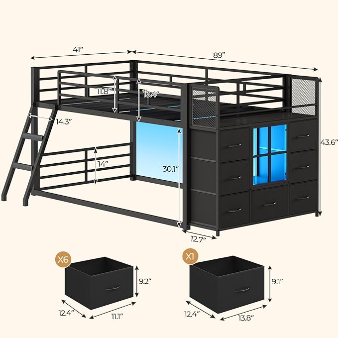 BTHFST Low Bunk Bed Twin Over Twin with 7 Large Fabric Drawers & Bookshelf, Metal Bunk Bed with RGB LED Lights & Slanted Ladder & Safety Guardrail, Kids Low Loft Bed Twin for Small Space, Black