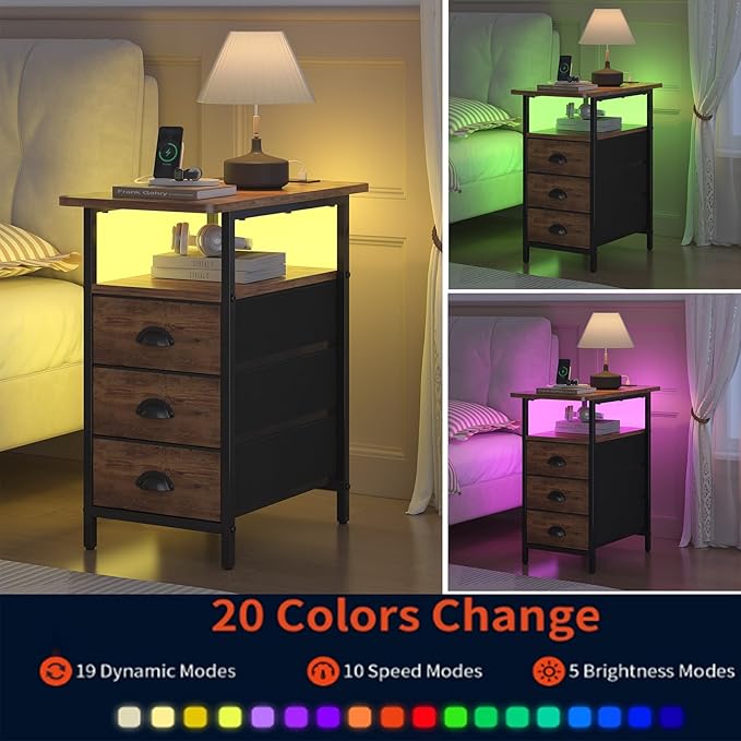 sthmec End Table with Charging Station,LED Side Tables with USB Ports and Outlets,Narrow Nightstands Bedside Tables with 3 Fabric Drawers for Small Space,Slim Sofa Table for Livingroom, Rustic Brown