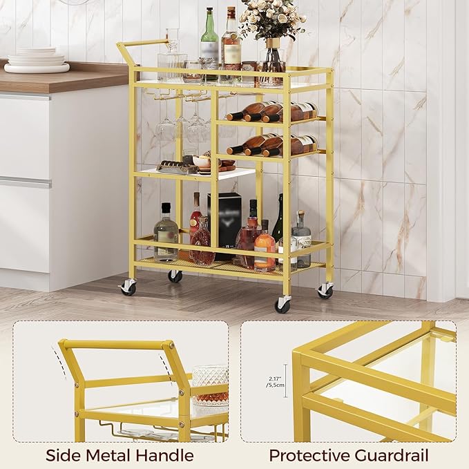 MAHANCRIS Bar Cart for Home, 3-Tier Serving Cart with Glass Top, Beverage Cart with Wine Rack and Glass Holder, Drink Cart with Wheels, for Dining Room, Living Room, Gold and White RCJM71B01