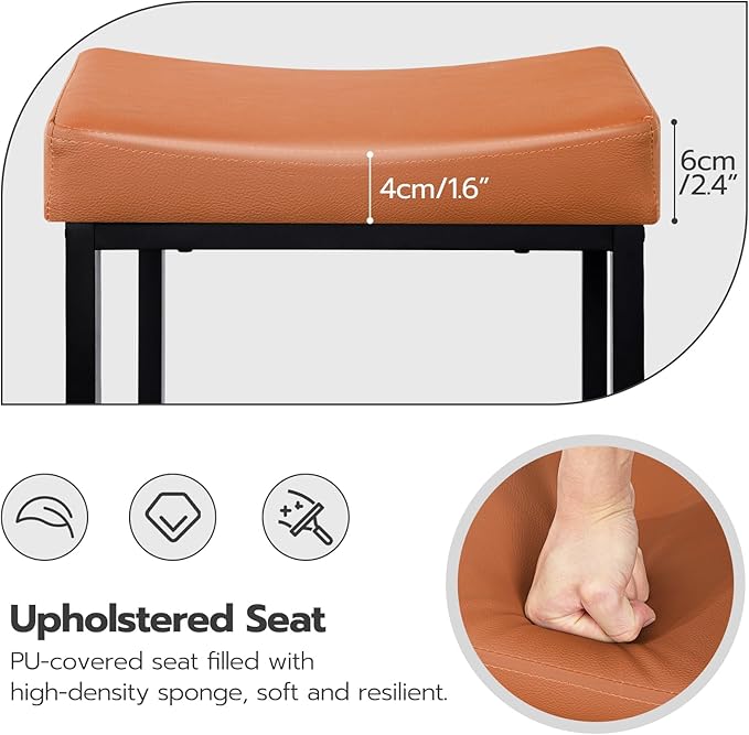 HOOBRO Bar Stools, Set of 2 Bar Chairs, Counter Height Stools, Saddle Barstools with Curved Surface, 24.8 Inches, 2.4" Thick Upholstery, for Kitchen, Dining Room, Cafe Orange-Brown and Black CB10BY01