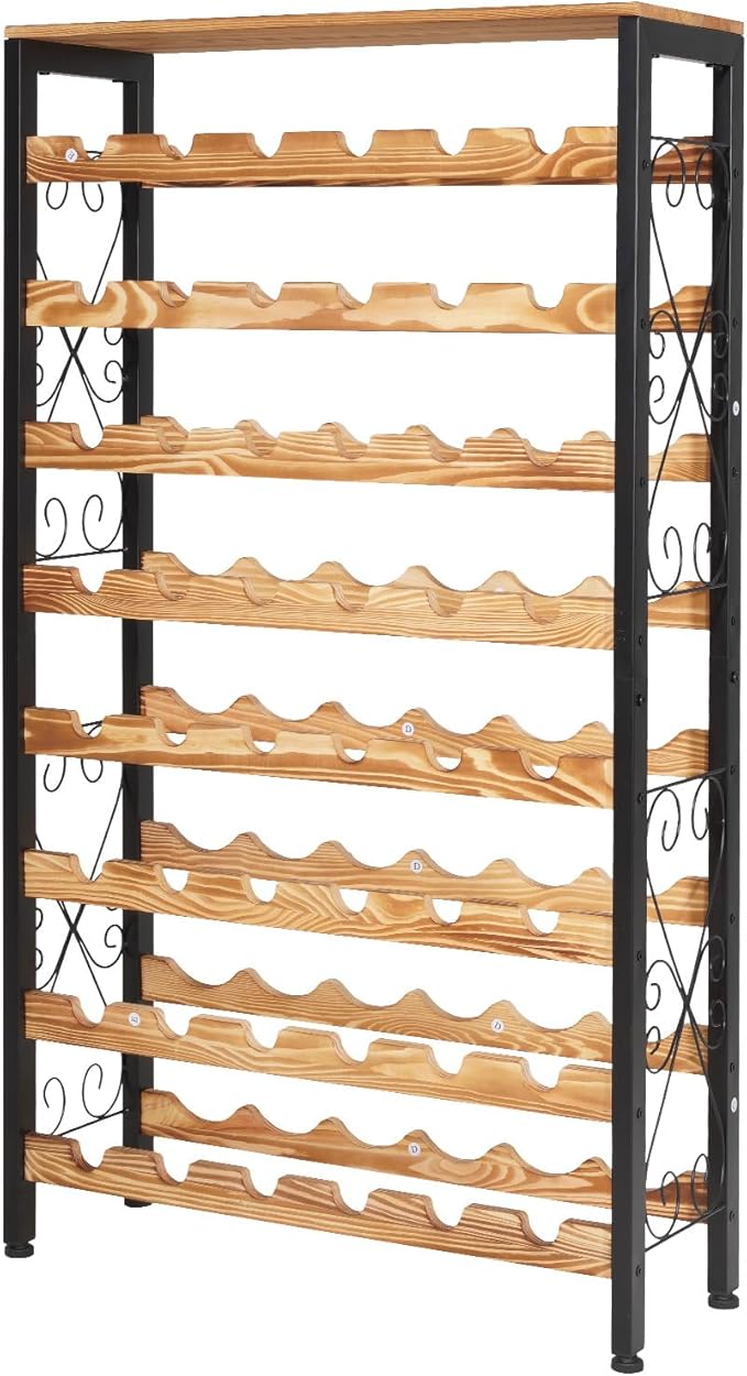VEVOR 48 Bottle Wine Rack,8-Tier Iron Wine Bottle Holder with Wood Table Top,Freestanding Floor Display Wine Storage Shelves,for Kitchen Pantry, Cellar, Bar, Dining Room,26''L X 9.3''W X 46.9''H
