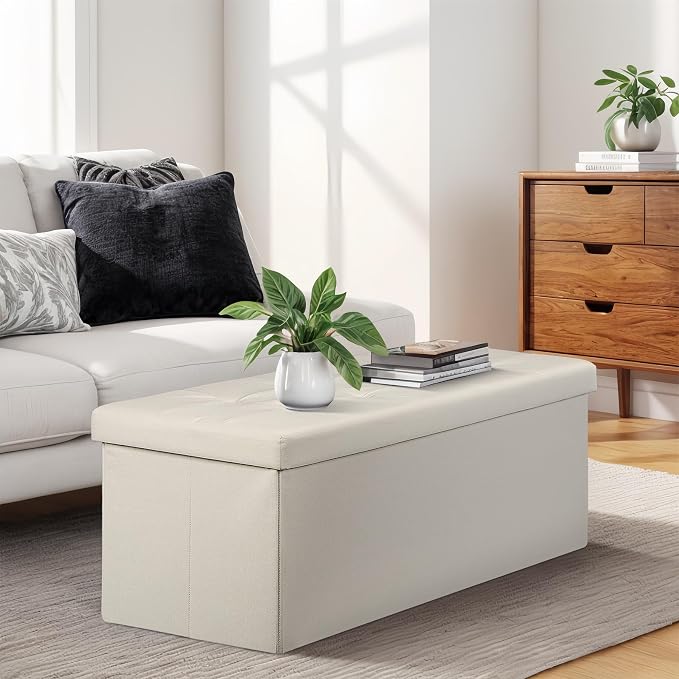 SUPER DEAL Storage Ottoman Bench, 43 Inches Folding Ottoman Foot Rest, Storage Chest with Padded Seat, End of Bed Bench for Living Room Bedroom Entryway, Load 660 lbs, 15" x 43" x 15" Beige