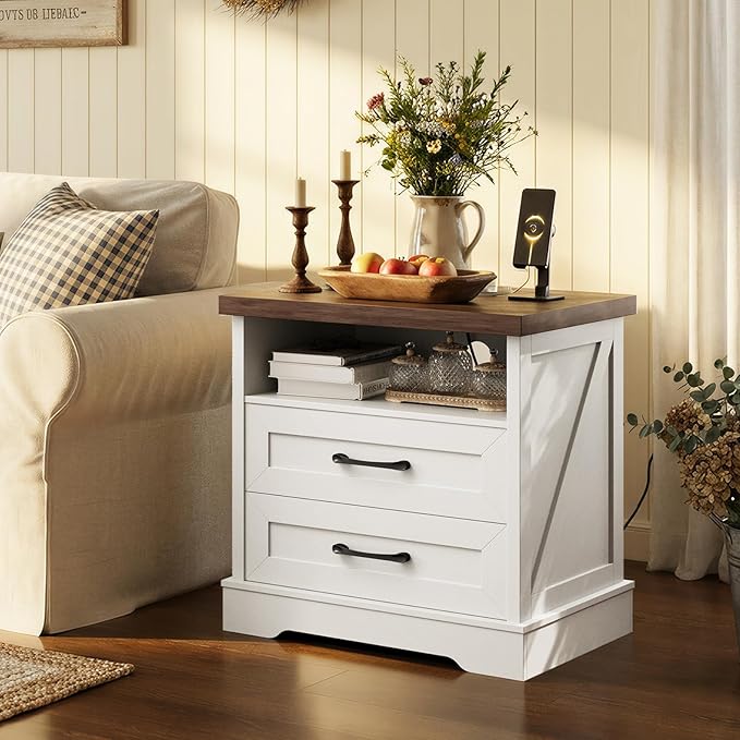 AODK 24 Inch Farmhouse Nightstand Set of 2, Bedside Tables with Charging Station, Wood End Tables with 2 Drawers and Open Shelf, Rustic Bed Side Table for Bedroom & Living Room, White & Dark Walnut