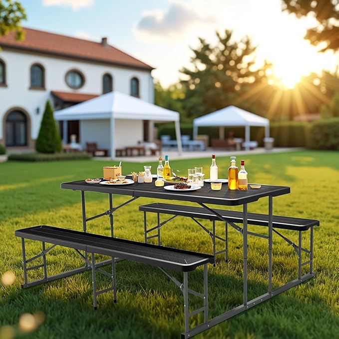 VINGLI Folding Picnic Table and Bench Set, Portable Outdoor Dining Furniture for Camping, Patio, Backyard, Wood Grain Plastic Top with Metal Frame with Kaqi Umbrella