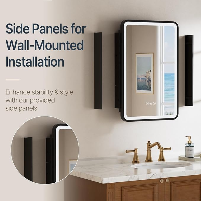 16x24 Inch Medicine Cabinet with Mirror, Recessed or Surface Mount Bathroom Medicine Cabinet with LED Lights, Anti-Fog, Memory Function, Adjustable Shelf, Dimmable Light, ETL Listed, Black,Left Hinge