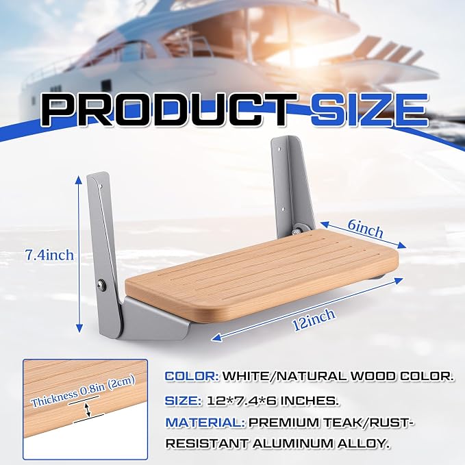 SiliFine 12 x 6.1 x 7.87 Inches Boat Fold up Footrest Foldable Teak Footrest for Boats Helm Wall Mounted Foldable Step Teak and Aluminum Hardware for Boat, Yacht, RV, Home, and More