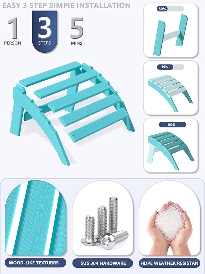 Plawdlik Folding Ottoman for Adirondack Chair–HDPE All-Weather Footrest for Outdoor Use, Garden & Poolside– Anti-Cracking, Fade-Resistant, Easy Assembly–Aruba