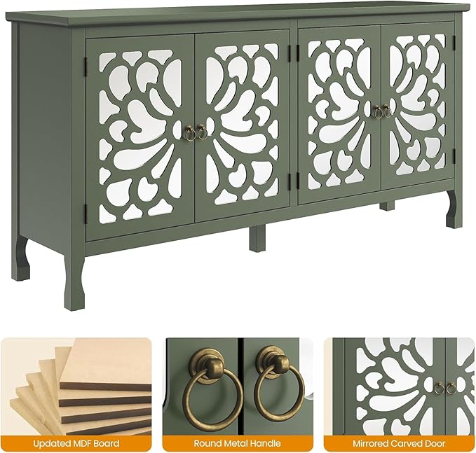 RoyalCraft 63'' Buffet Cabinet with Mirror Butterfly Carved Door, Sideboard Cabinet with Adjustable Shelves, Vintage Accent Credenza Media Console for Entryway, Kitchen, Forest Green