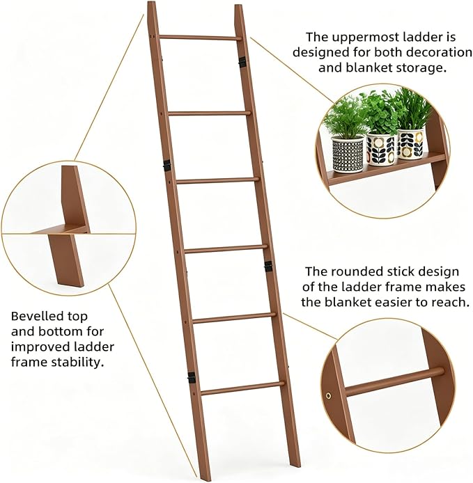 BAMBANG 6-Tier Blanket Ladder for Living Room, Blanket Quilt Ladder Rack Rustic Decorative Towel Holder, Wall Leaning Blanket Ladder Shelf Storage Farmhouse Decor for Bedroom Bathroom, Tea Brown