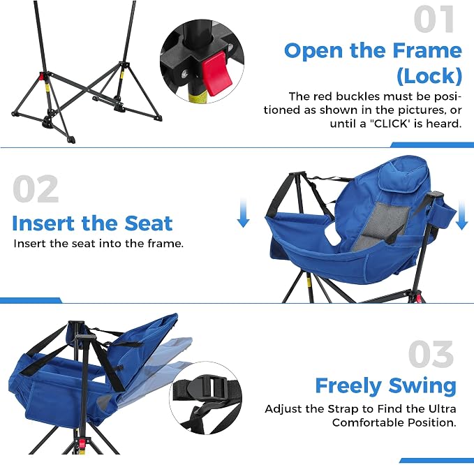 Ainfox Hammock Camping Chair, Foldable Portable Rocking Chairs for Adults Outside Swinging Camp with Cup Holder Pillow for Outdoor Patio Poolside (Blue)