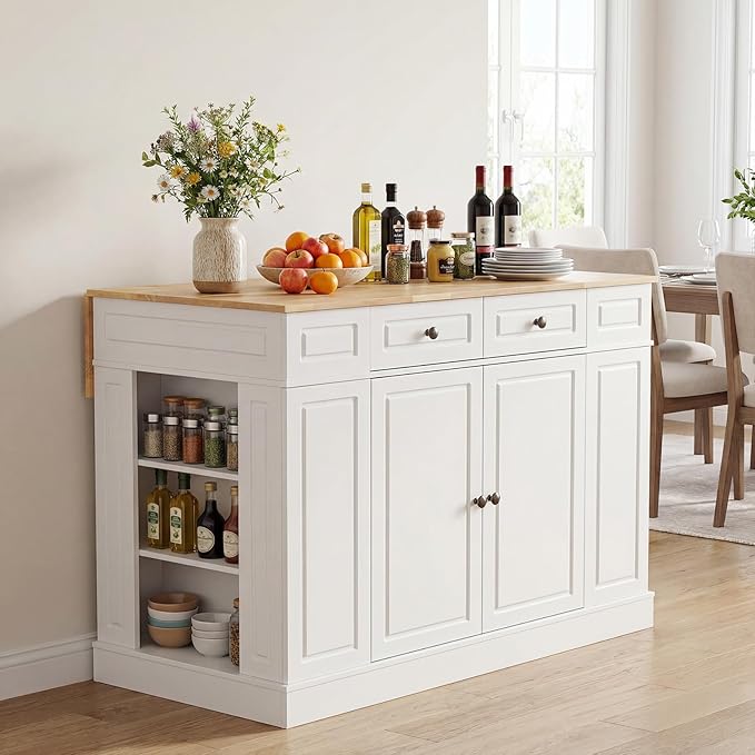Giantex Kitchen Island with Storage & Drop Leaf, 48" Stationary Island Table with Rubber Wood Top, 2 Drawers, Cabinet, Adjustable Shelf, Butcher Block Island for Living Dining Room, Bar (White)