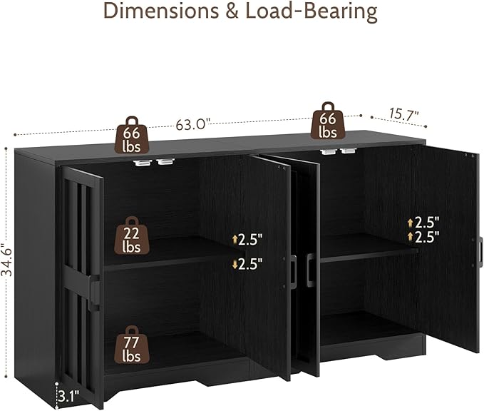 Sideboard Buffet Cabinet, Modern Farmhouse Kitchen Storage Cabinet, 63" Modular Accent Cabinet Coffee Station Bar Media Console Table Credenza for Kitchen Dining Room, Living Room Entryway Hallway