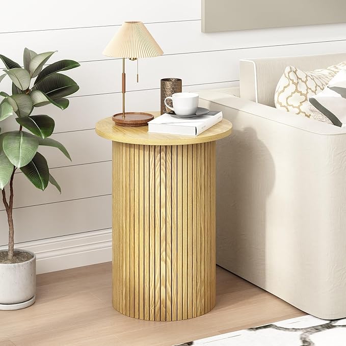 Wnutrees Round Fluted End Table, Small Accent Pedestal Side Table, Wood Fluted Nightstand Bedside Table for Living Room, Handcrafted Finish, Natural, 2Pack