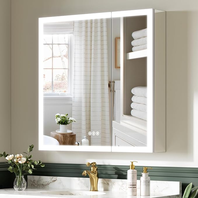 30x30 Inch Medicine Cabinet with Lights, AL Alloy Frame, Plug-in or Hardwired, Recessed or Wall Mount, Mirror Doors/3 Colors/Dimmable/Interior Sensor Light/Defog,2 Outlets & USBs,2 Shelves