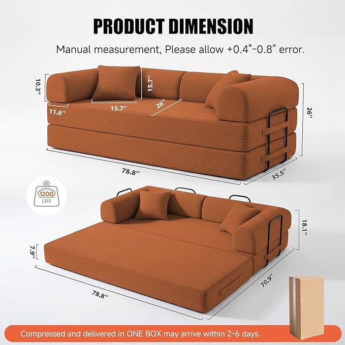 79" Compressed Sofa, Convertible Sofa Bed, Corduroy Compression Boneless Couch with Pillow, Comfy Modular Foldable Floor Sleeper Sofa for Bedroom, Living Room, Lounge, Studio (Orange)