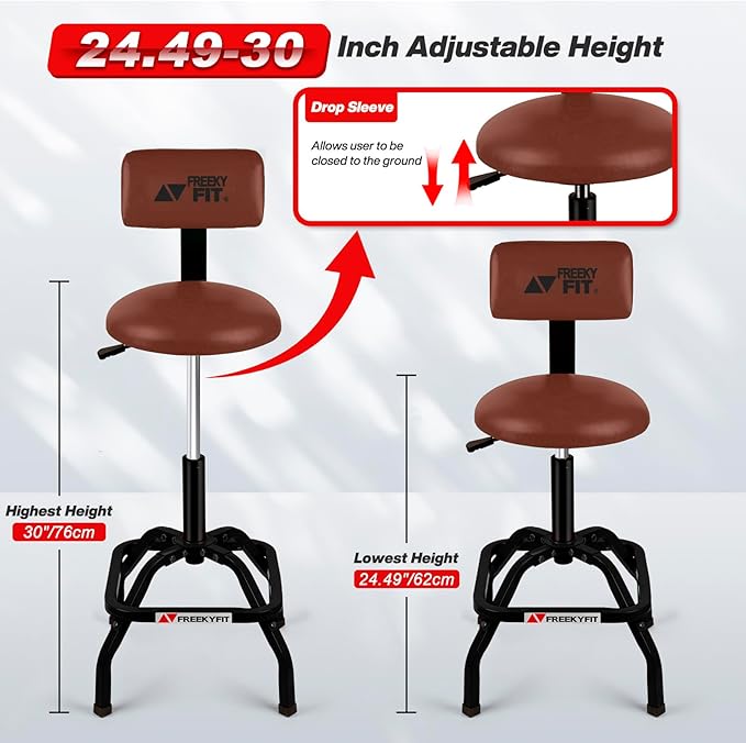 Shop Stool with Backrest, Mechanic Garage Stool for Workshop, Adjustable Shop Stools Chair, Padded Workbench Stools for Men Women, 300 LBS Capacity, 360° Swivel PVC Seat, Heavy Duty, Brown