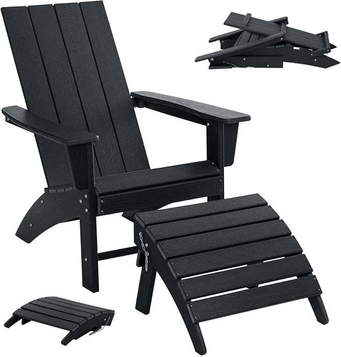 Folding Adirondack Chair with Ottoman Weather Resistant Foldable Fire Pit Chairs with Footrest HDPE Outdoor Adirondack Chair for Patio Front Porch Pool Garden Deck Fire Pit Outside, Black