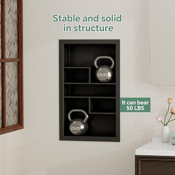 Stainless Steel Recessed Medicine Cabinet 14 * 24, Rust-proof Metal Wall Niche, In Wall Shower Niche Shelf Insert Replacement, Recessed Medicine Cabinets for Drywall, with 5 Compartments, Black