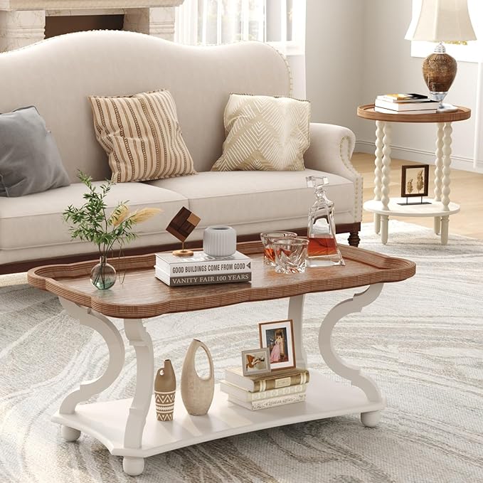 Function Home Farmhouse Coffee Table, 2-Tier Center Table with Storage Shelf, 39.8" French Country Rectangle Accent Table with Natural Tray Top and Curved Legs for Living Room Balcony, Vintage White