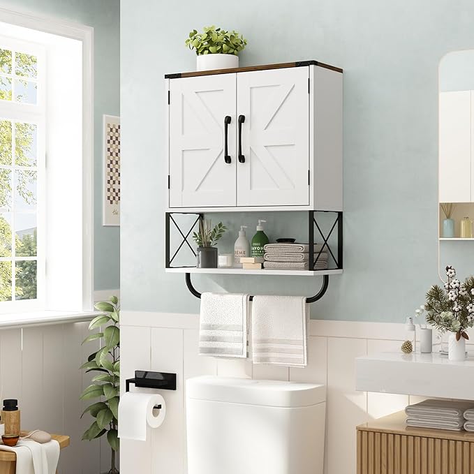 RUSTOWN Farmhouse Medicine Cabinet with 2 Barn Door, Boho Wood Wall Mounted Storage Cabinet with Adjustable Shelf and Towel Bar, 3-Tier Bathroom Cabinet for Bathroom (White and Walnut)