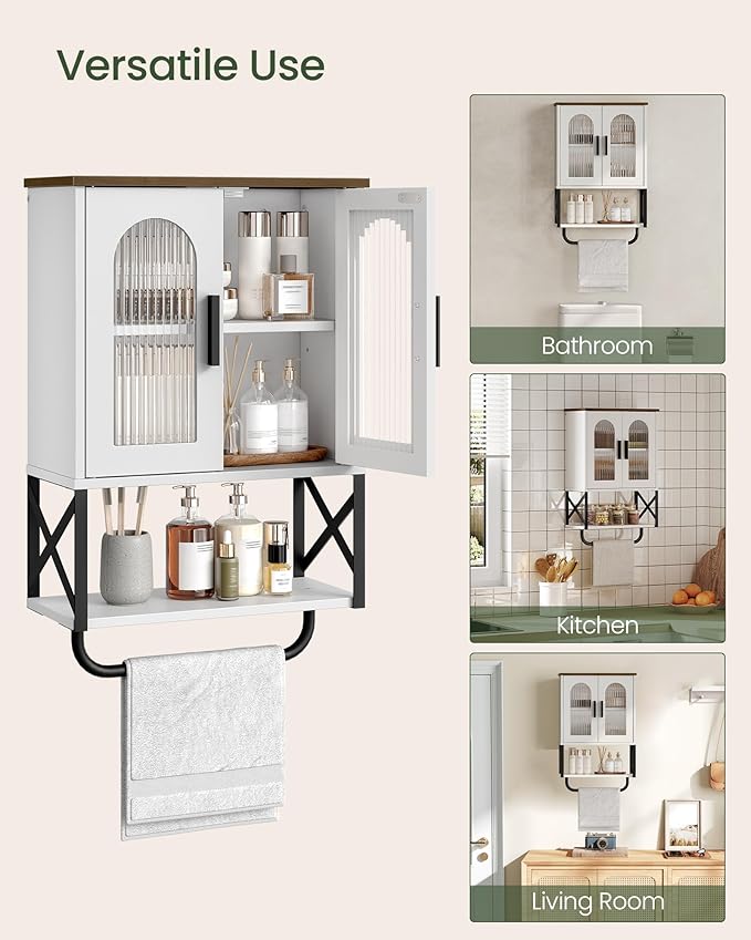 CHOEZON Bathroom Wall Cabinet, Medicine Cabinet with Adjustable Shelf and Towel Bar, Storage Cabinet Wall Mount with 2 Glass Doors, for Bathroom, Kitchen, Living Room, Dining Room, White and Walnut