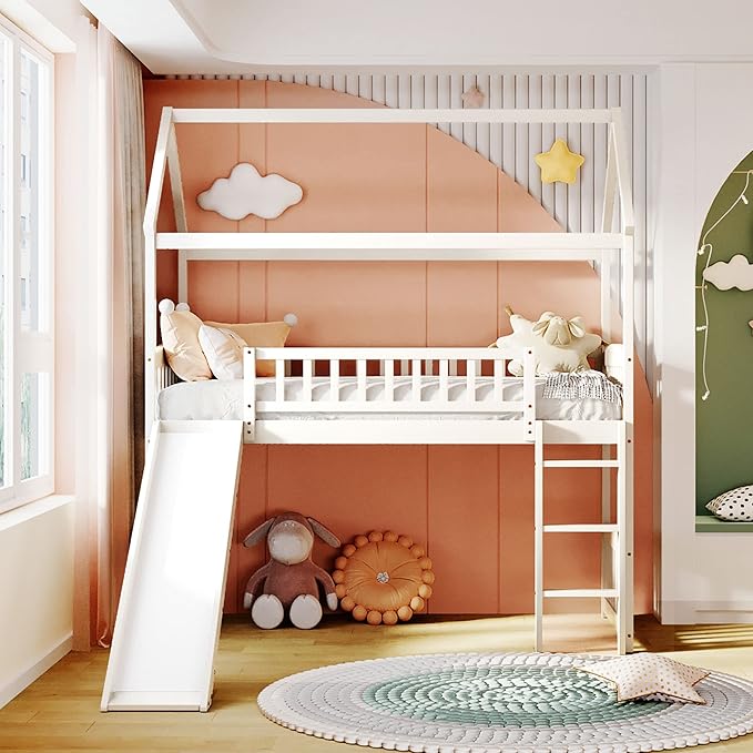 House Loft Bunk Bed Frames with Slide No Box Spring Needed for Teens, Girls or Boys