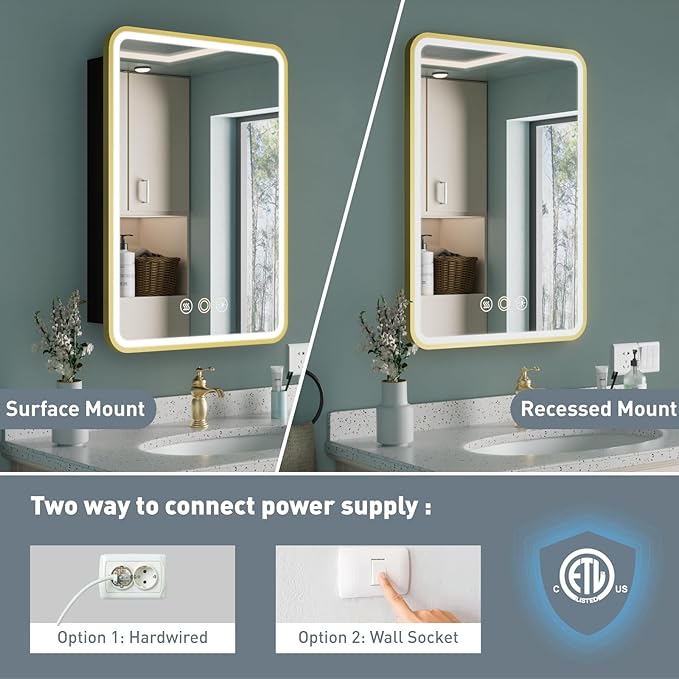 Medicine Cabinet with Mirror and Lights, 16x28 Inch Wall or Recessed Mounted LED Bathroom Medicine Cabinet, Defogger, Storage Shelf, 3 Color Dimmable Light with Memory Function, Gold