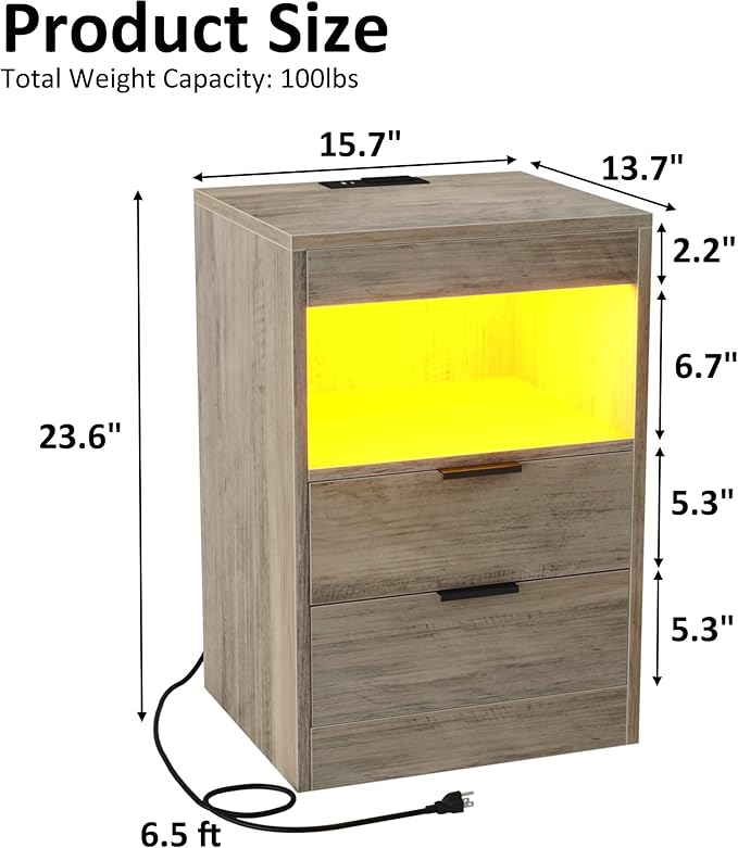 Gadroad LED Nightstand with Charging Station, Bedside Table with USB Ports & Power Outlets, Modern Night Stand with Drawers for Bedroom Small Spaces, Grey