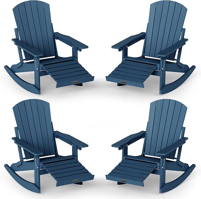 Adjustable Adirondack Rocking Chair Set of 4 with Retractable Ottoman Footrest, 4-in-1 Foldable HDPE Outdoor Rocker, Weather Resistant Adirondack Chair for Porch, Garden & Poolside, Navy Blue