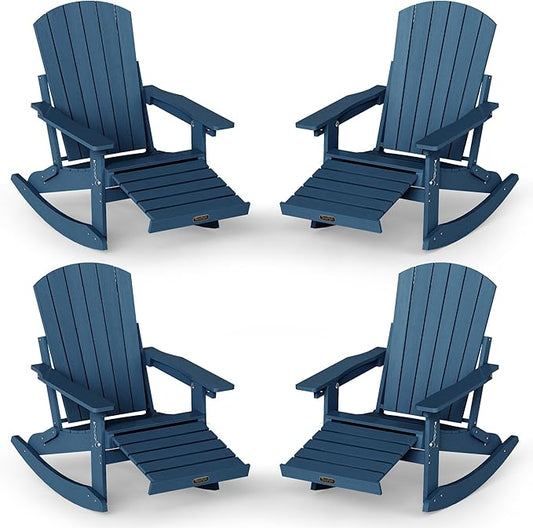 Adjustable Adirondack Rocking Chair Set of 4 with Retractable Ottoman Footrest, 4-in-1 Foldable HDPE Outdoor Rocker, Weather Resistant Adirondack Chair for Porch, Garden & Poolside, Navy Blue